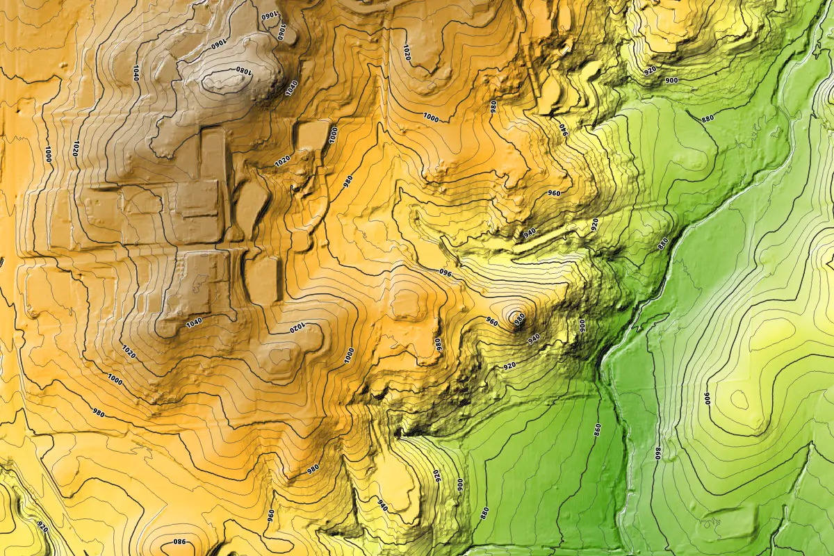 Elevation map with contour lines and hillshade.