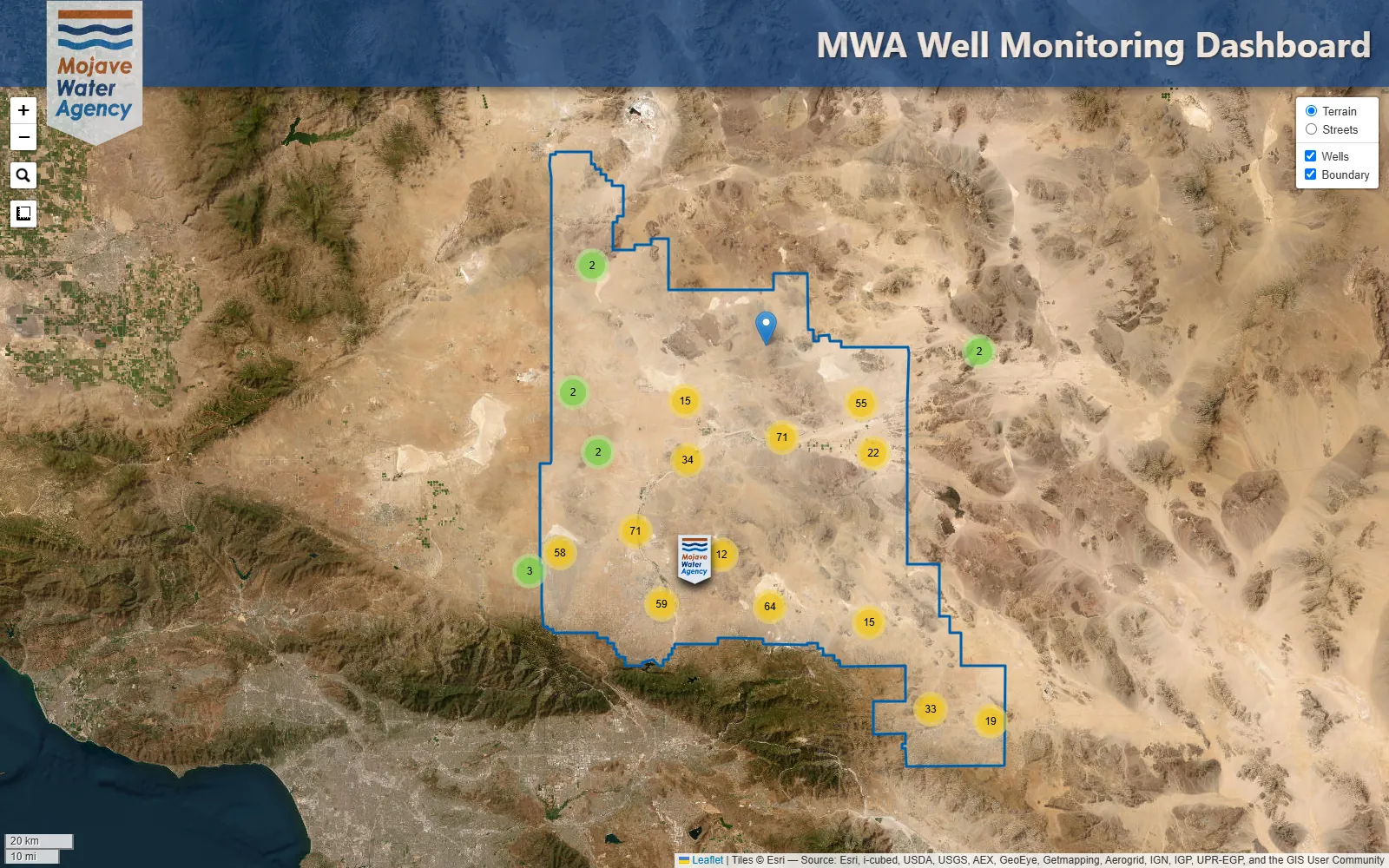 Dashboard overview: well clusters across the Mojave Water Agency service area on satellite imagery.